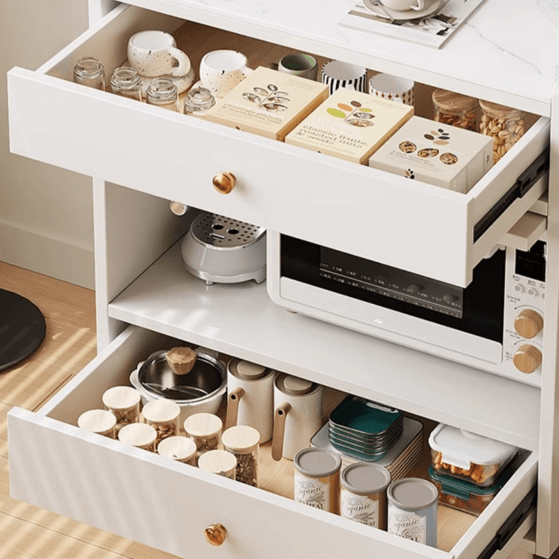 Simple Narrow Microwave Shelf Cabinet with 2 Drawers, Sintered Stone Countertop, Glazed Door, and Adjustable Shelving - image 9