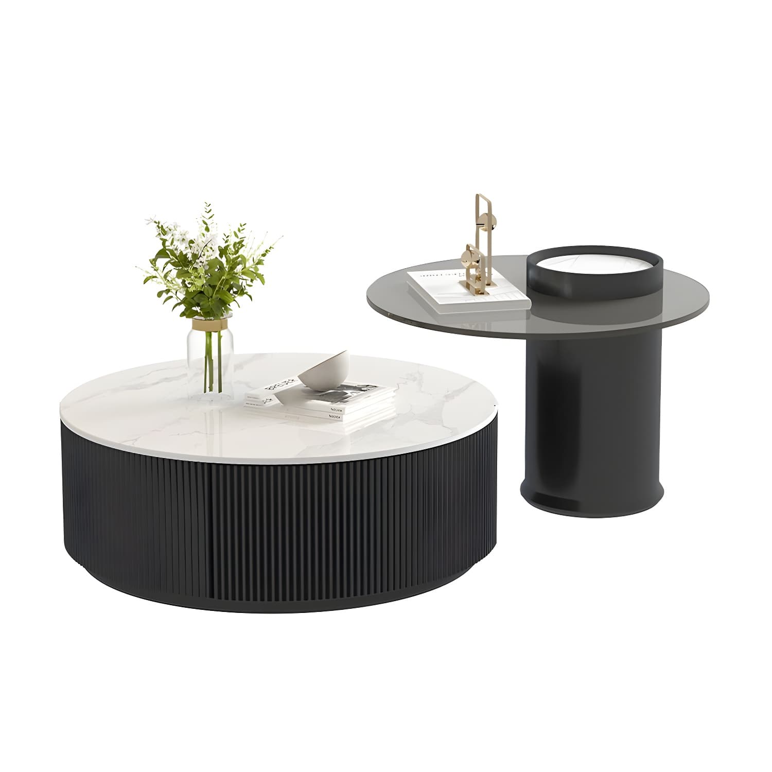Stone Top Coffee Cocktail Table with Drawer Drum Contemporary Round - image 15