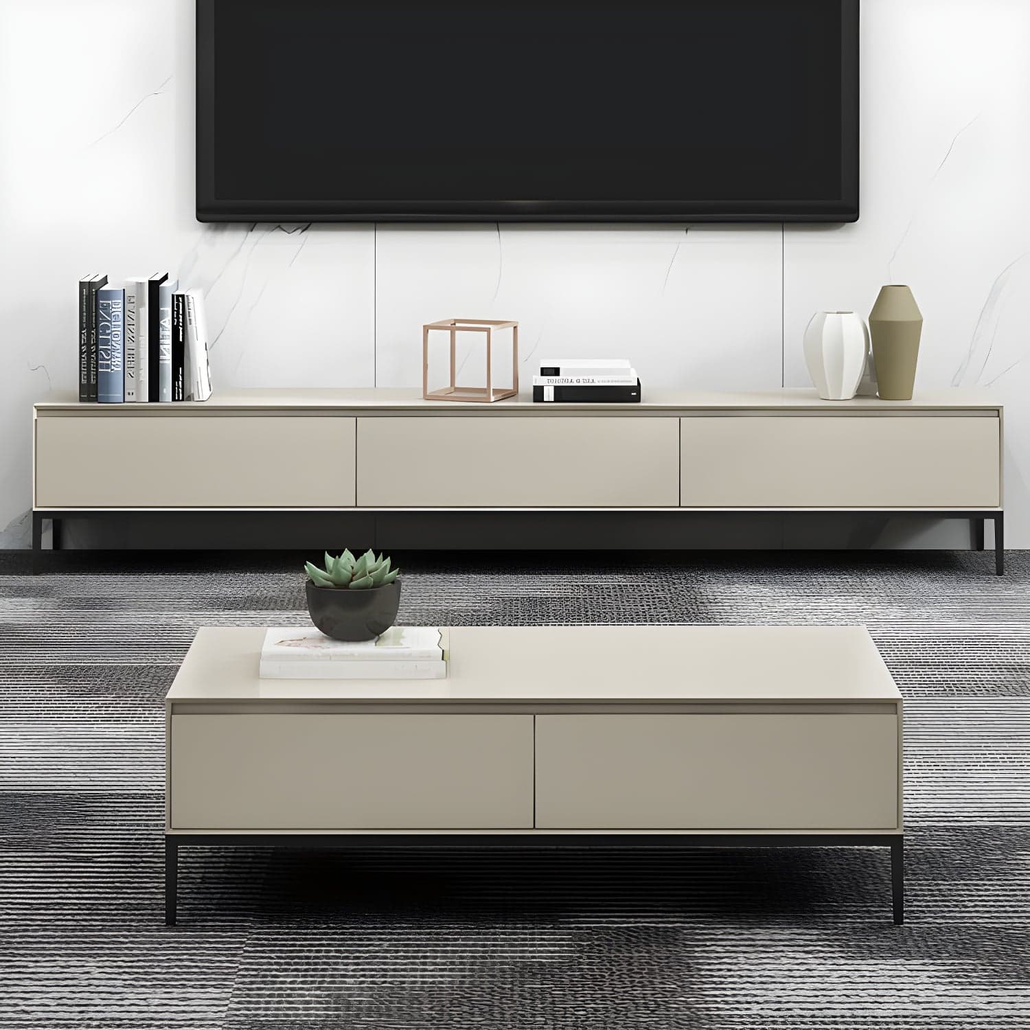 Contemporary Style TV Stand Stone and Engineered Wood TV Cabinet - image 3
