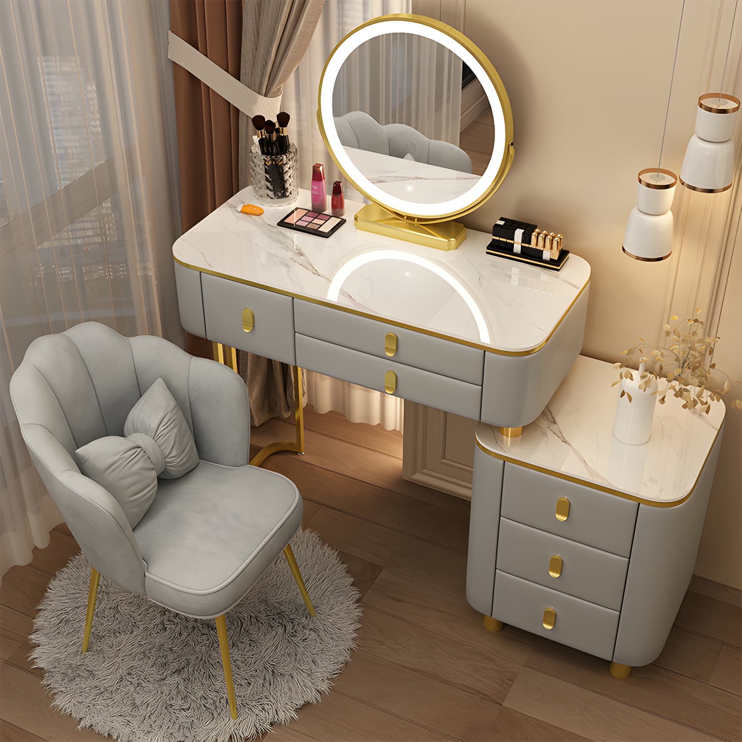Luxurious Stone Top Vanity Dressing Table with 6 Drawers for Bedroom