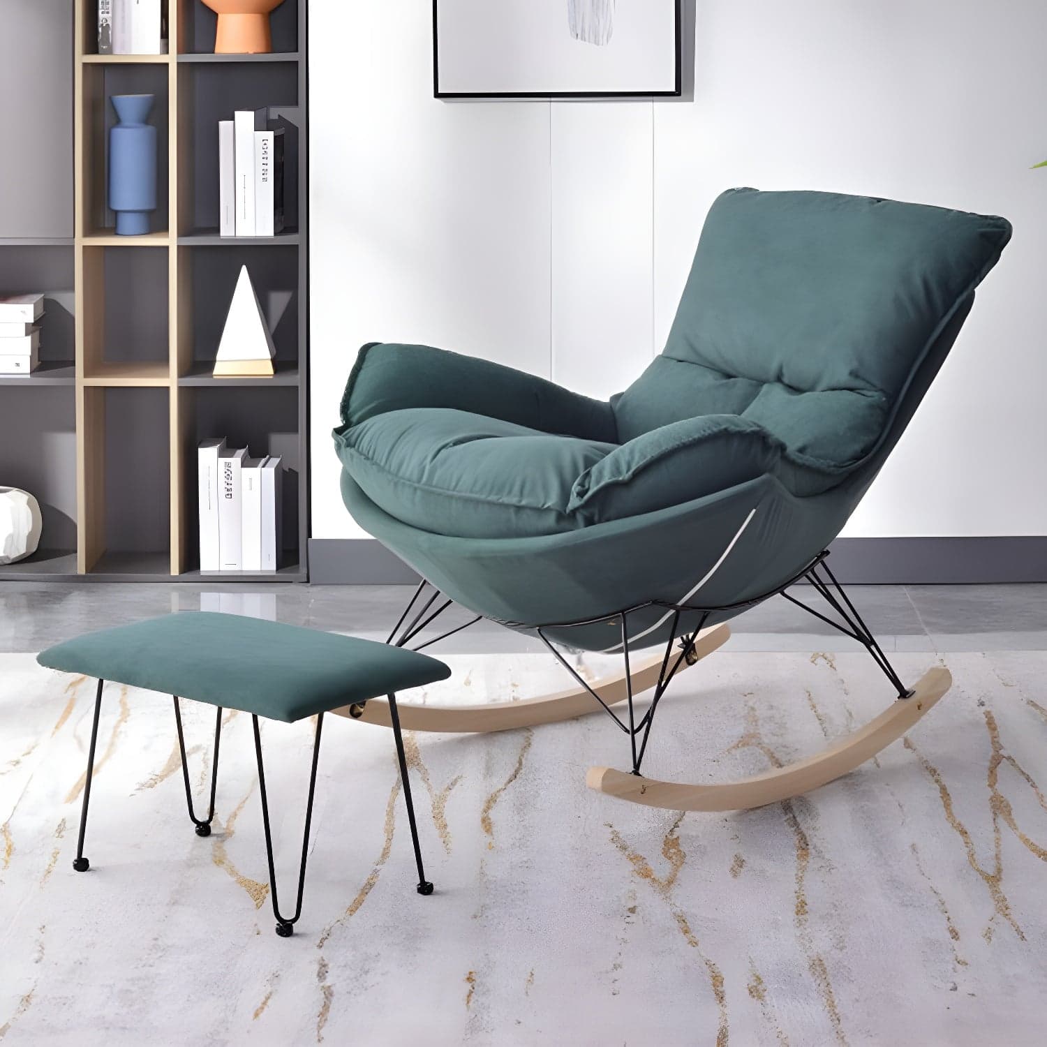 Modern Upholstered Rocking Chair with Ottoman Set - Natural Wood Legs - image 5