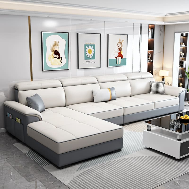Modern L-Shaped Tech Cloth Sectional Sofa Chaise - 3 Piece Set with Adjustable Headrest and Storage