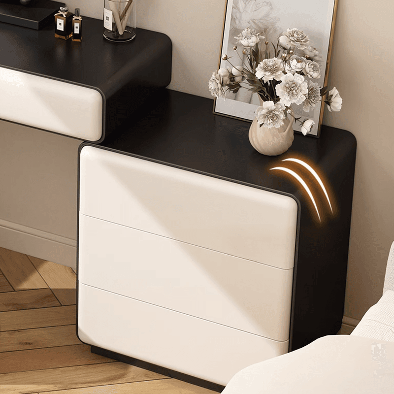 Simplistic Large Vanity Set with Lumber Table Top, Cream Seat, 5 Drawers, and Mirror Lights - image 5
