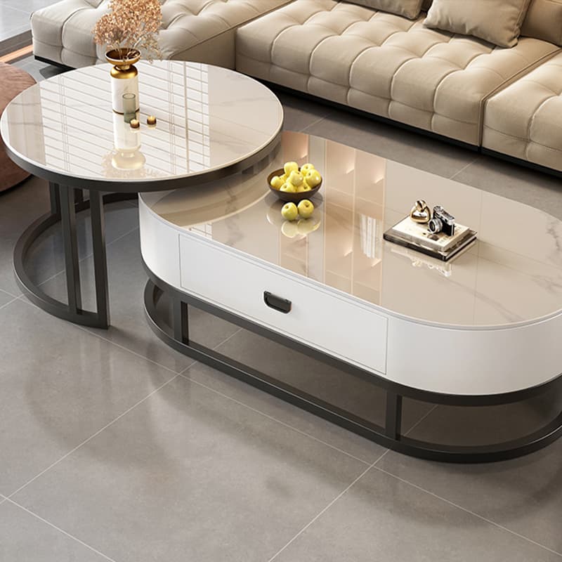 Set of 2 Modern Nesting Stone Coffee Tables with Metal Frame and Drawers - image 4