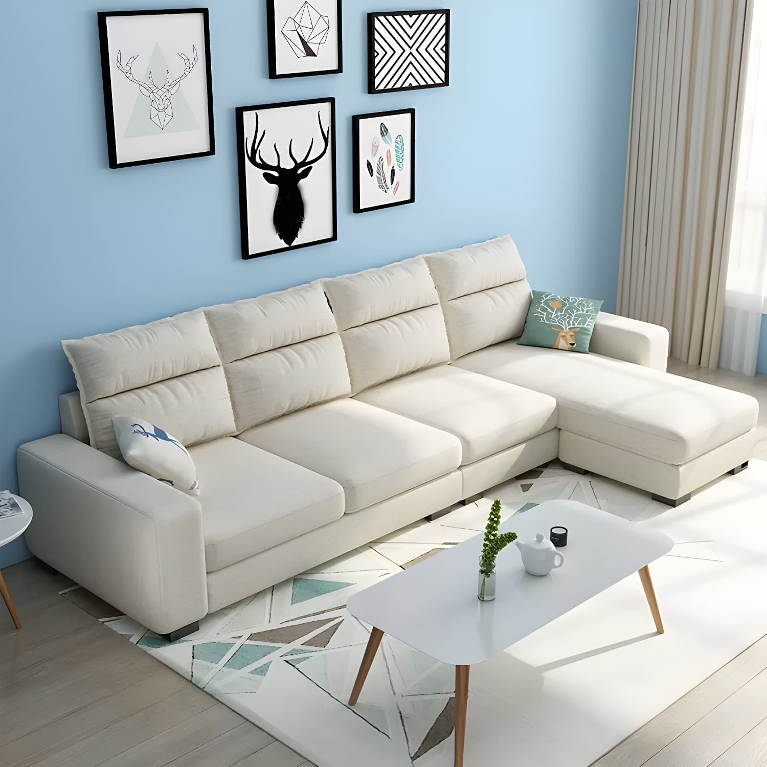 Scandinavian Wood Frame L-Shaped Modular Sofa Chaise in 2 Piece Set with Black Legs
