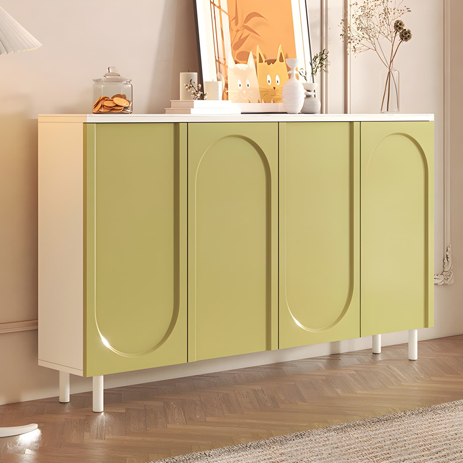 Scandinavian Wood Buffet Sideboard Cabinet with Stone Countertop Shelves Included - image 5