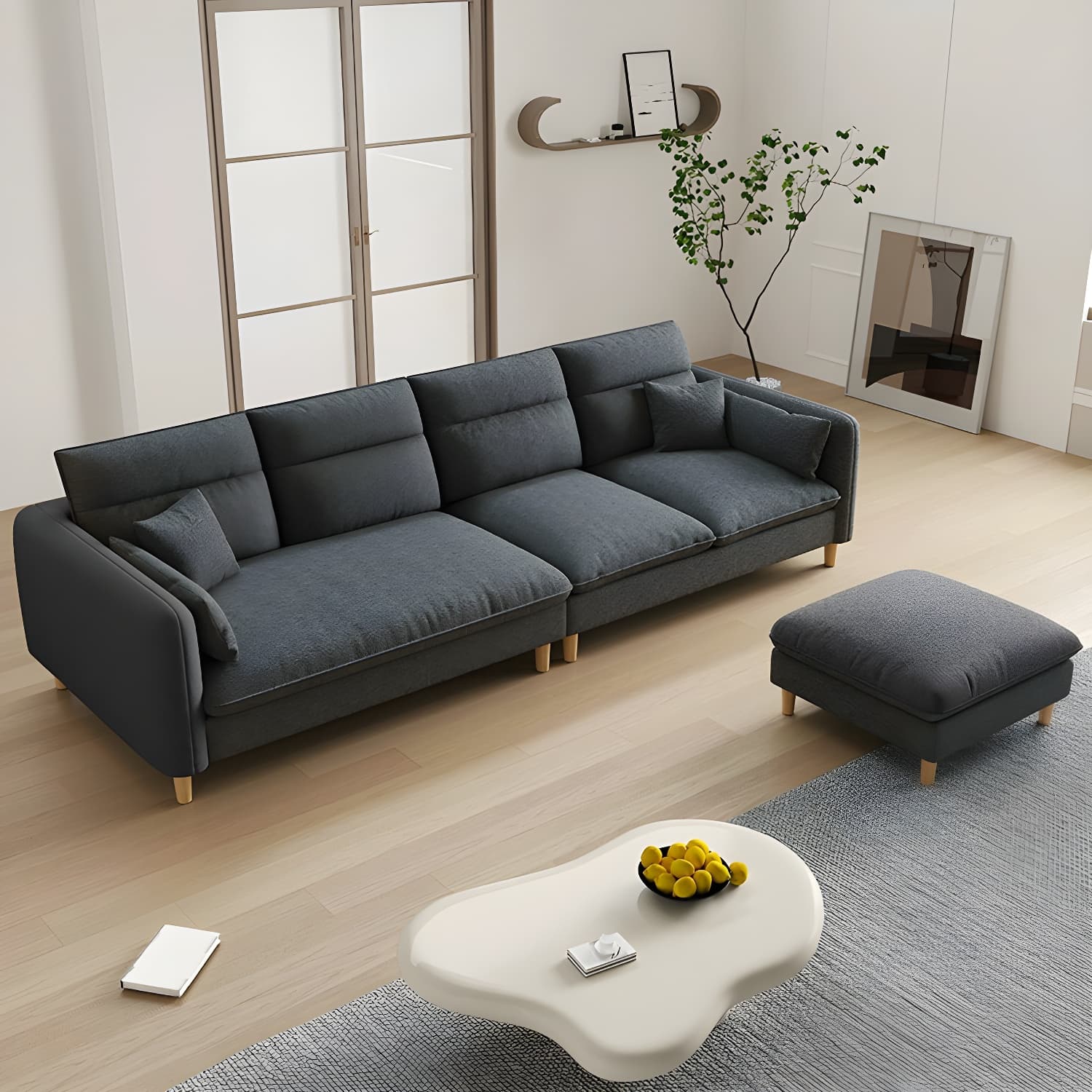 Modern Wood Frame Straight Sectional Sofa Set with Ottoman in Brown, 3 Piece Set