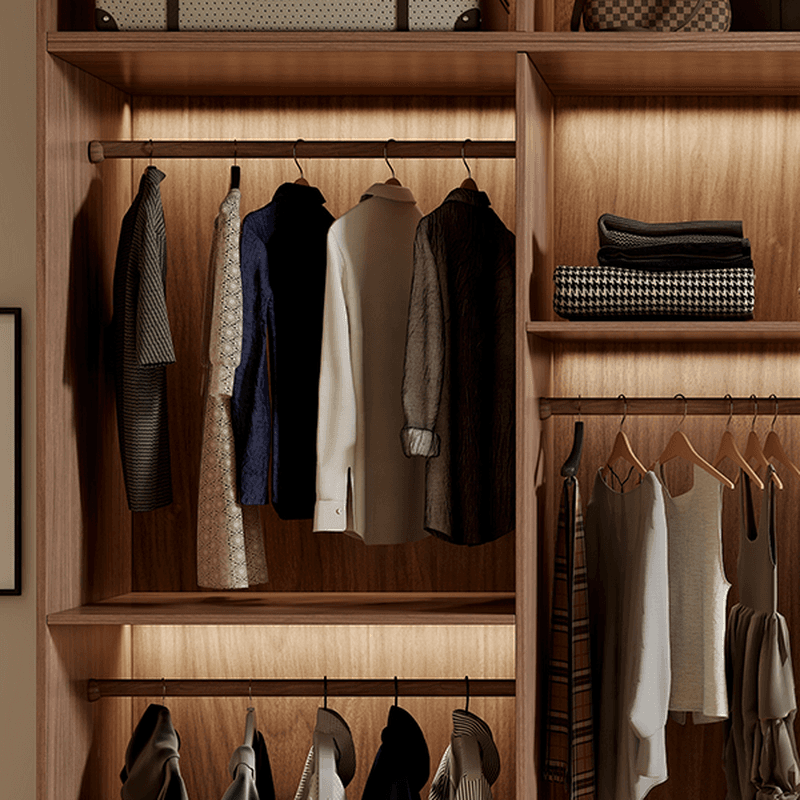 Simplistic Wood Color Timber Wardrobe Closet with Soft Close Door, Interior Shelves, and Hanging Rod - image 6