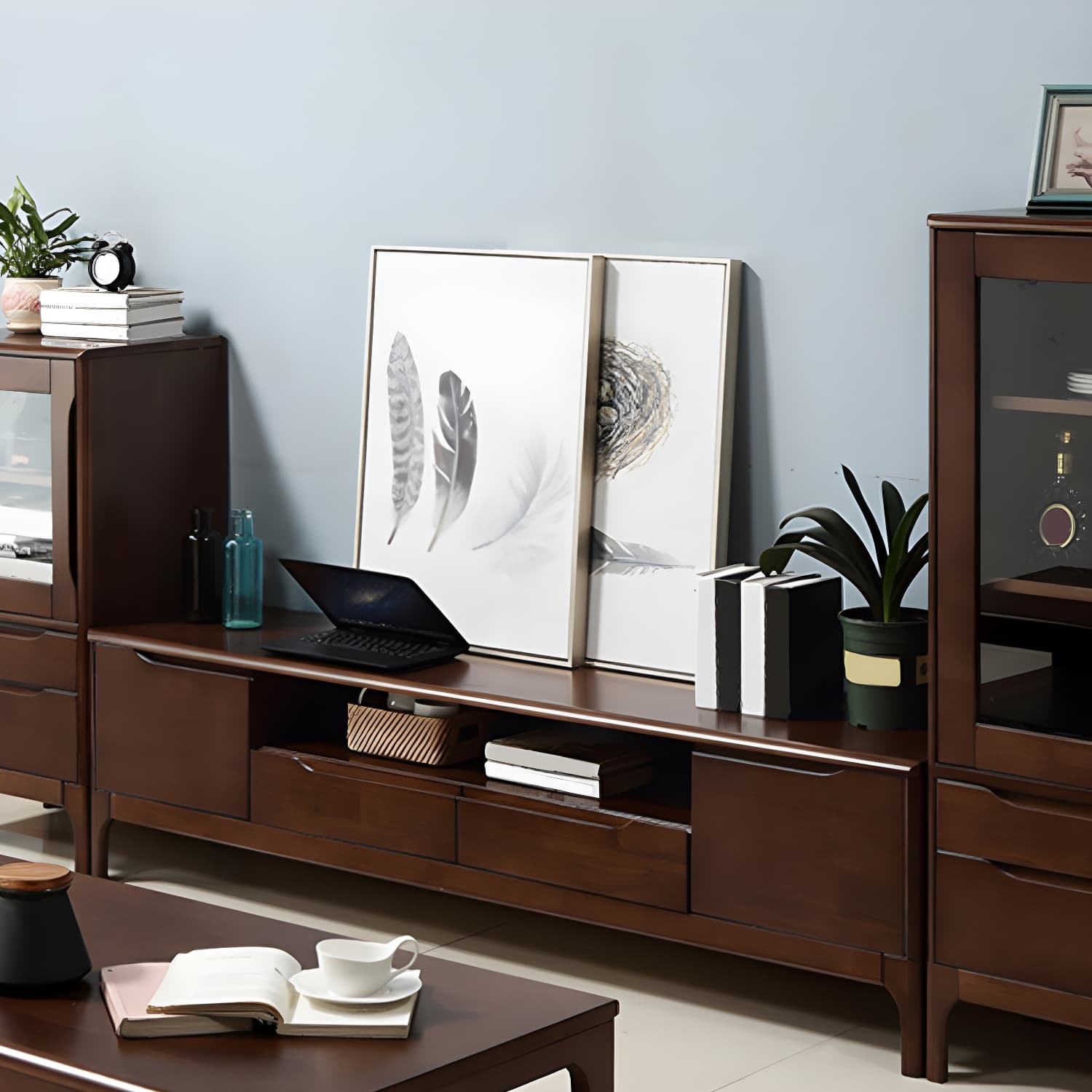 Rubber Wood Media Console Modern 2 Doors TV Console with Splayed Wooden Legs - image 7
