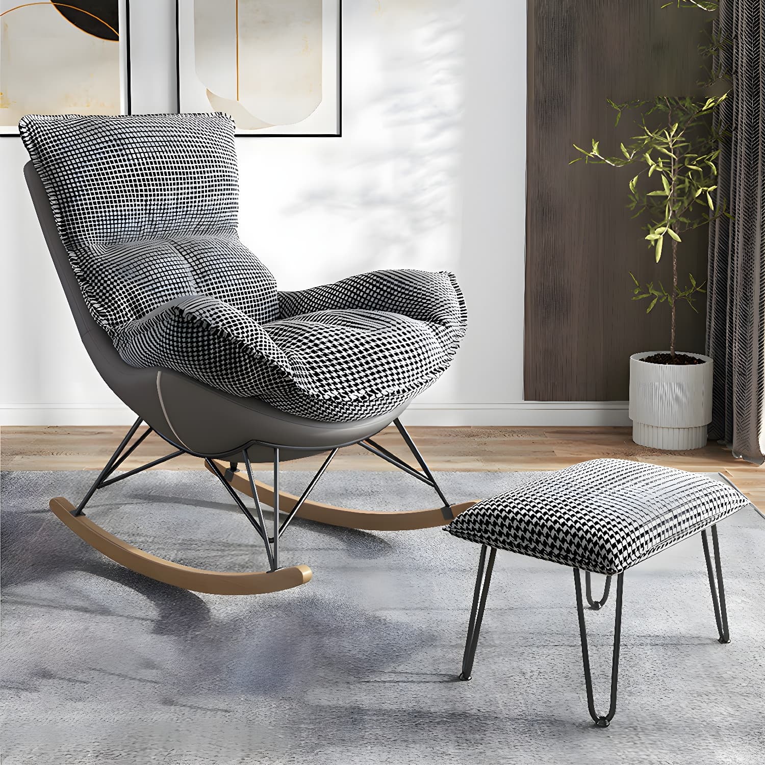 Modern Upholstered Rocking Chair and Ottoman Set - Natural Wood Legs, Stylish Design for Home Decor - image 3