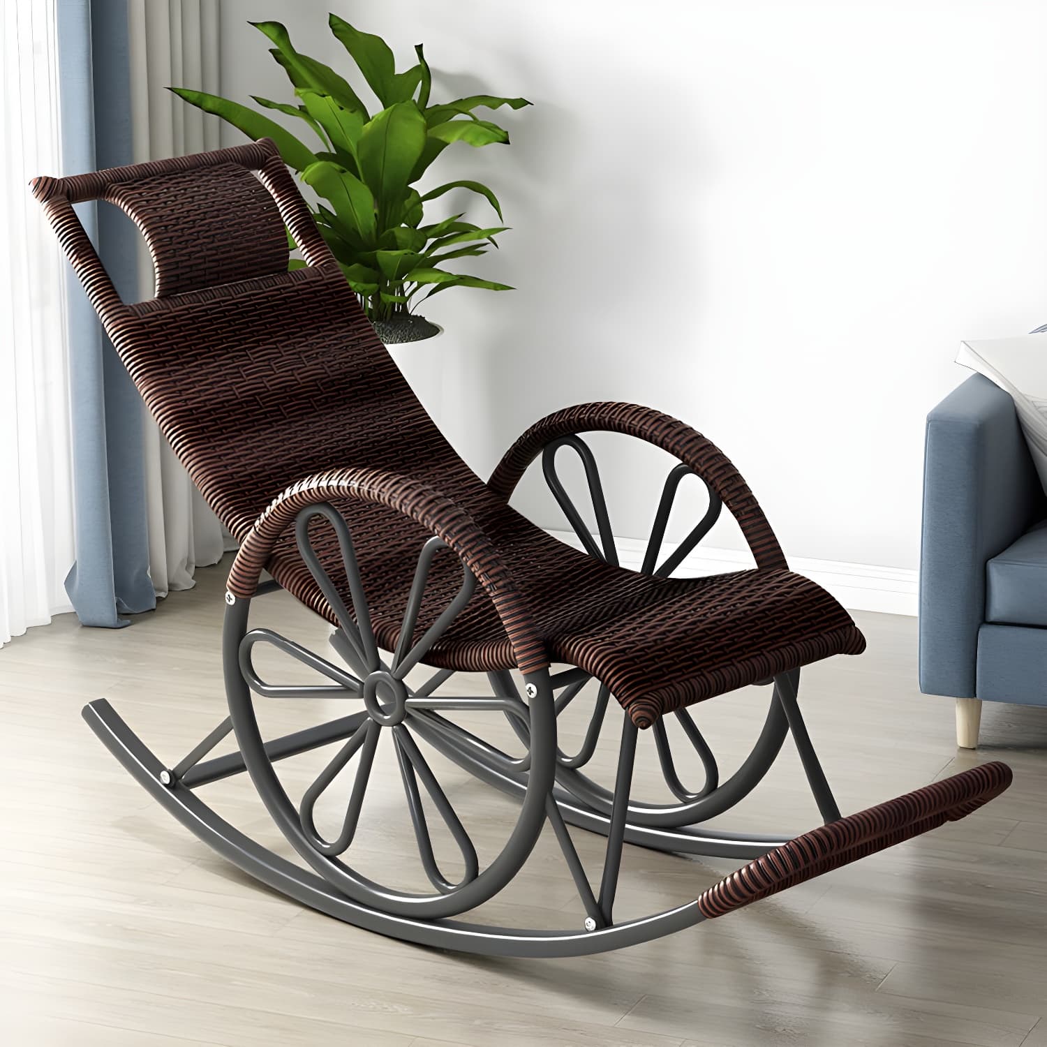 Rattan Modern Rocking Chair Woven Rope Rocker Chair in Black - image 8
