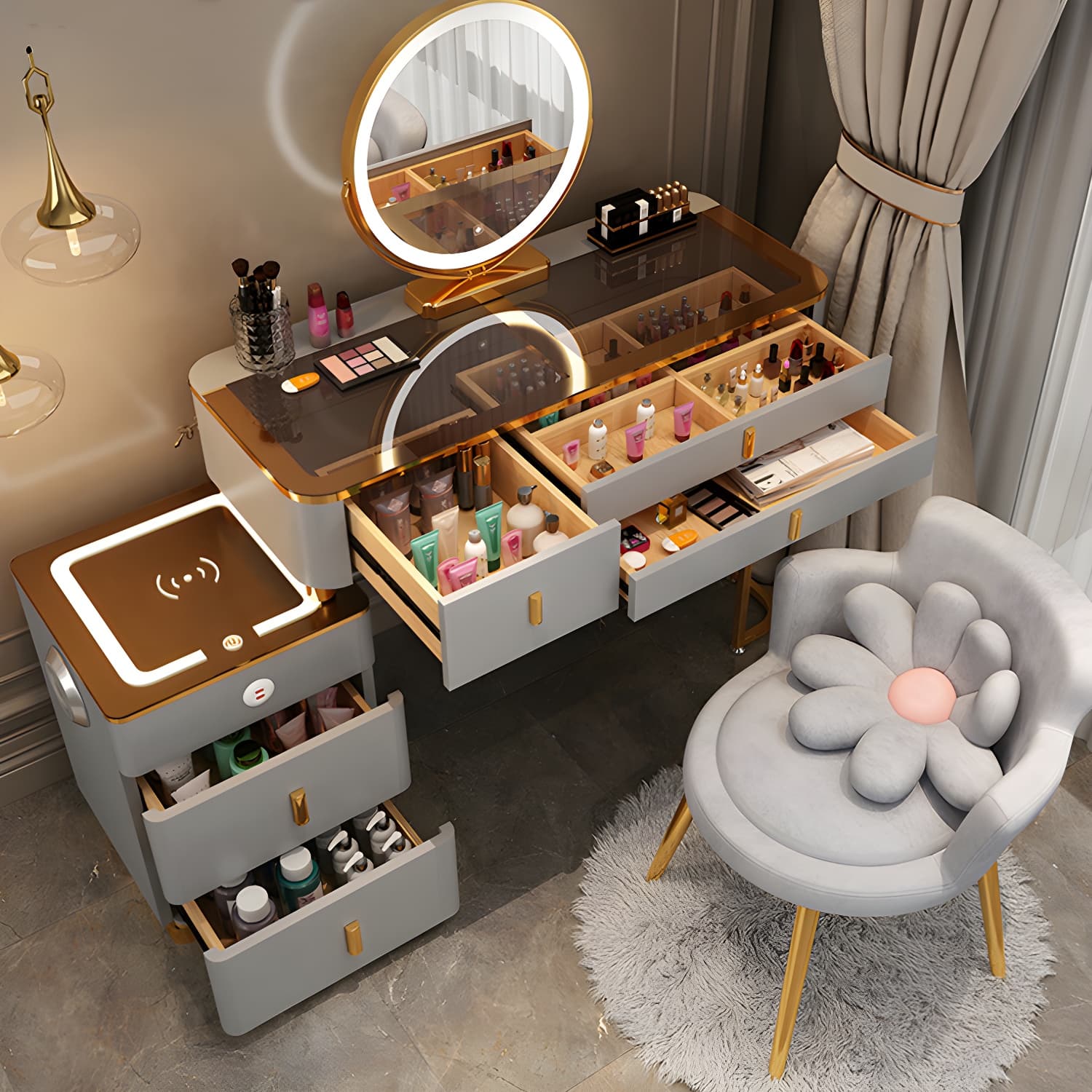 Glam Glass Top Mirrored Vanity Desk and Stool Set with 5 Drawers - image 8