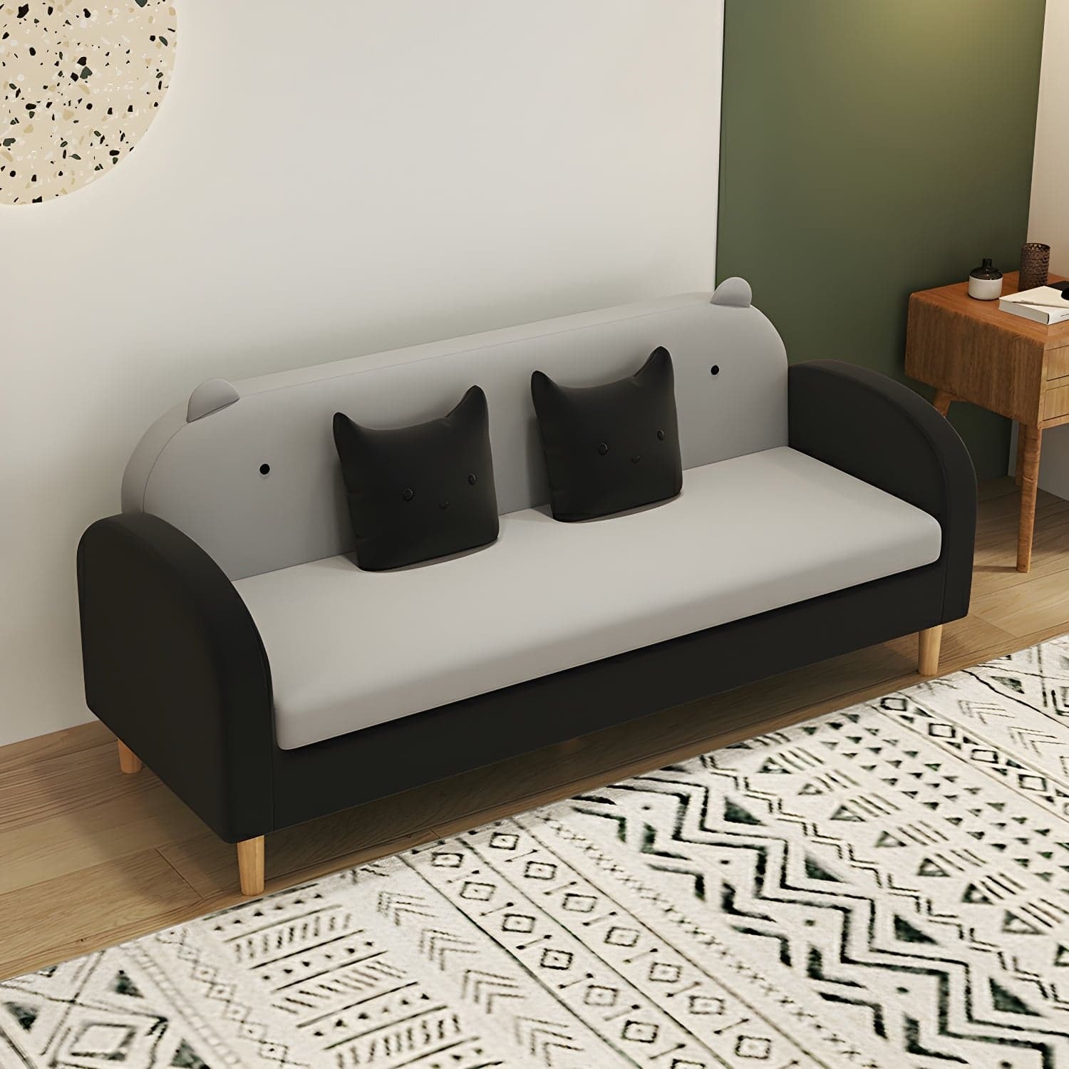 Art Deco Natural Wood Finish Framed Sofa Couch with Recessed Arm, Slipcover and 2 Pillows - image 3