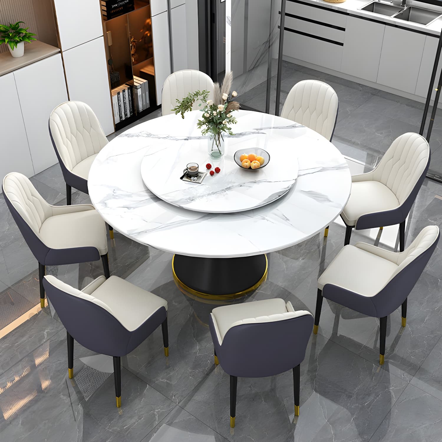 Stone Modern Round Dining Table with Black Steel Pedestal Base and Lazy Susan - image 15