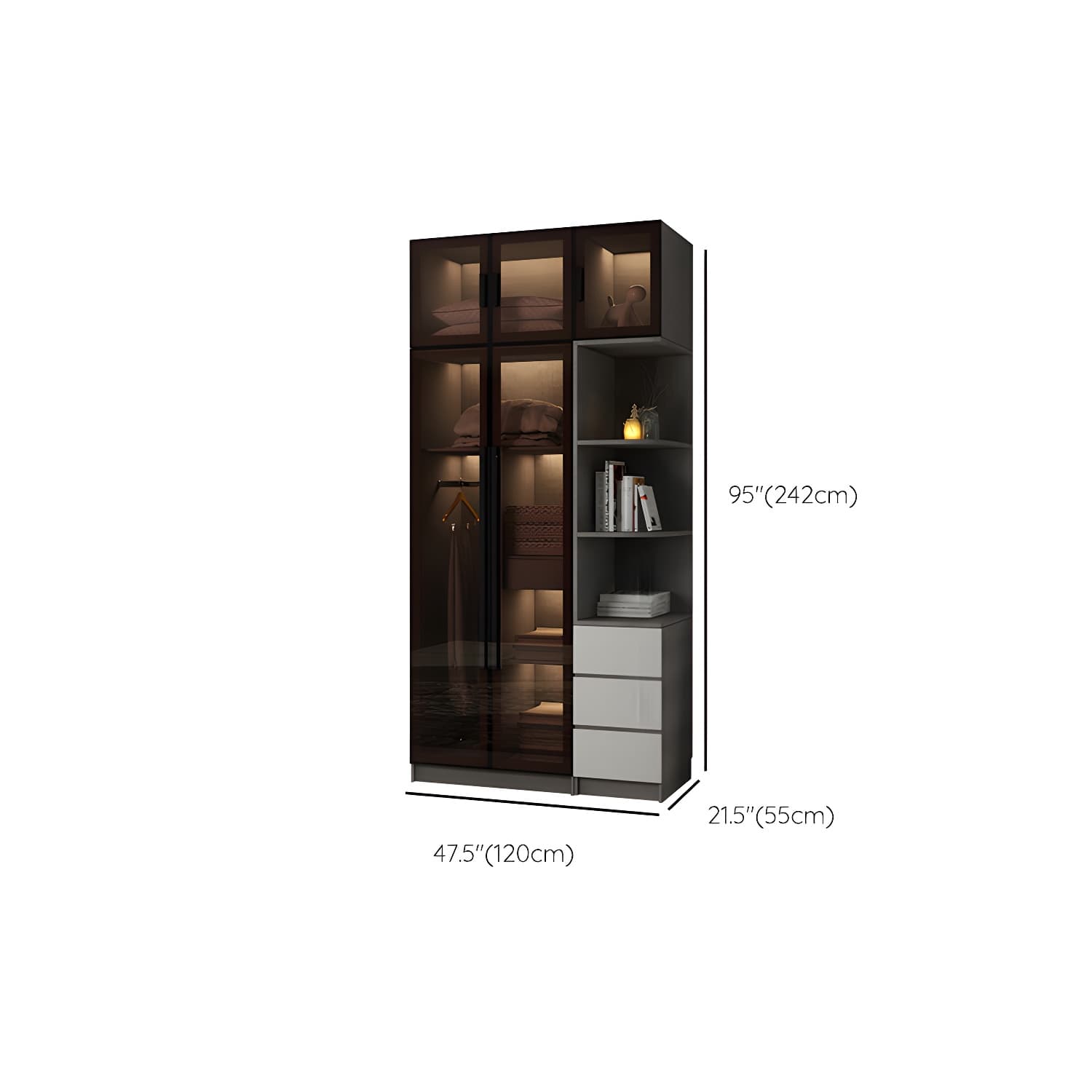 Modern Glass Hinged Doors Wardrobe Armoire Wood Frame Wardrobe with Shelves without Light - image 30