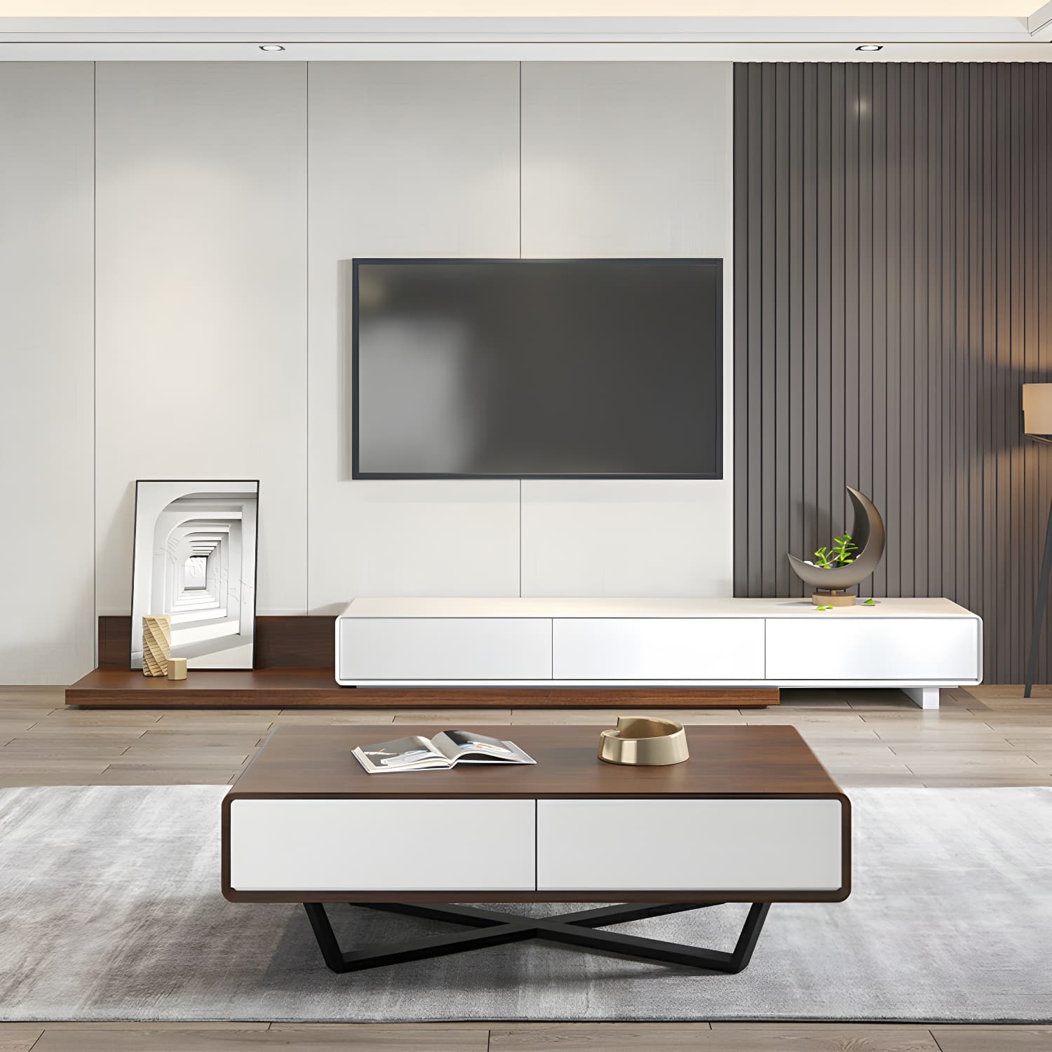 Rectangular Wood Modern Coffee Table with Black Metal Cross Legs and Storage Drawers - image 19