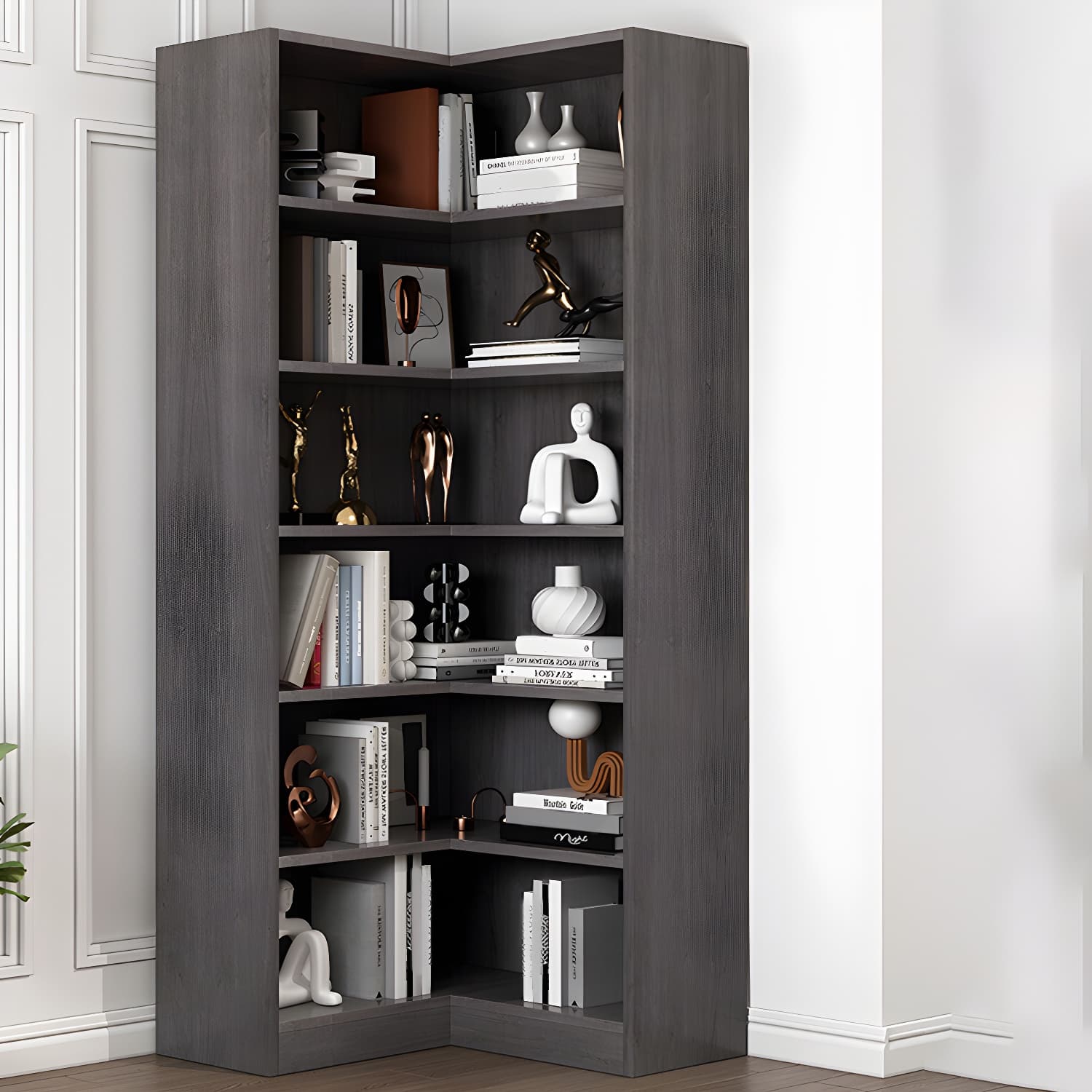 Corner Modern Accent Chest with Wood Counter Top and 6 Open Shelves without Drawers - image 13