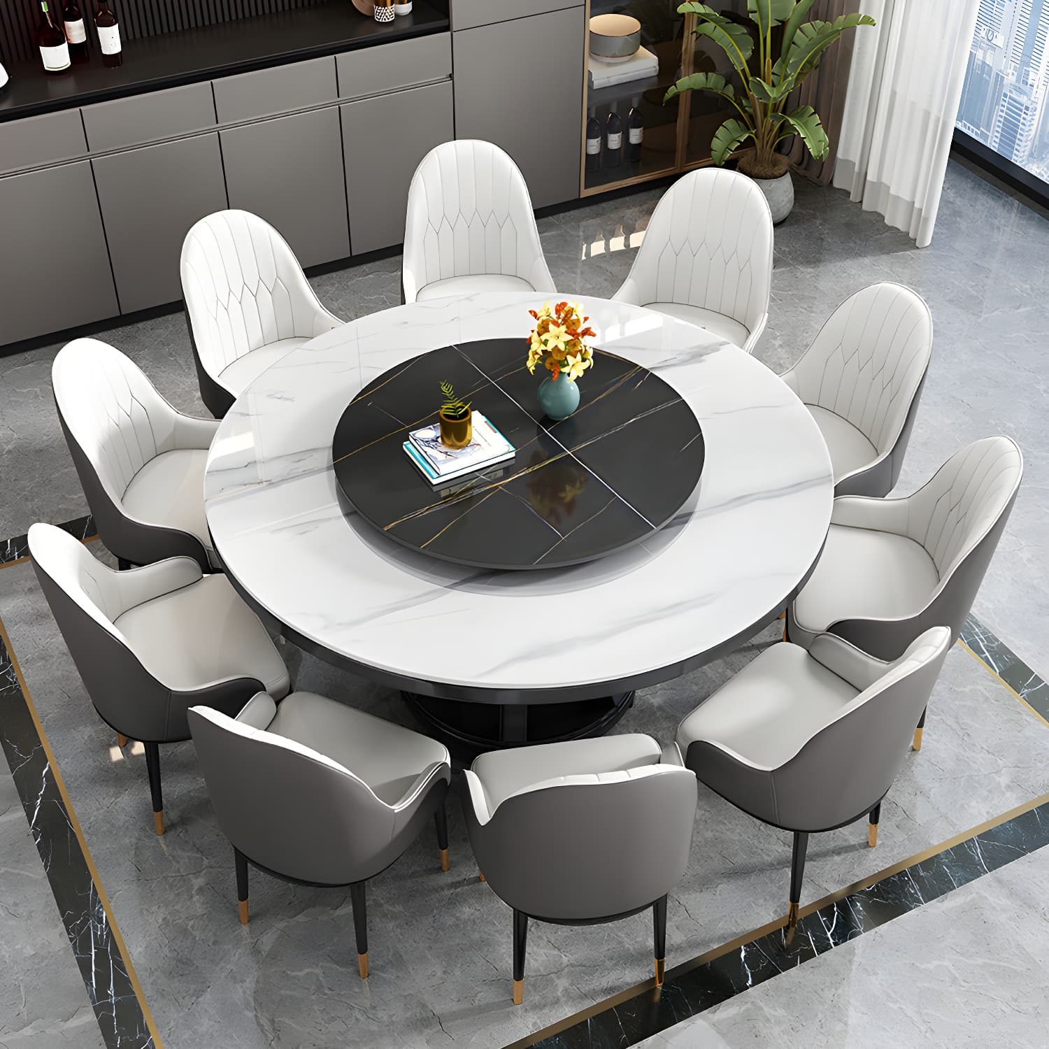 Round Stone Turntable Table Minimalist Furniture with Pedestal Base