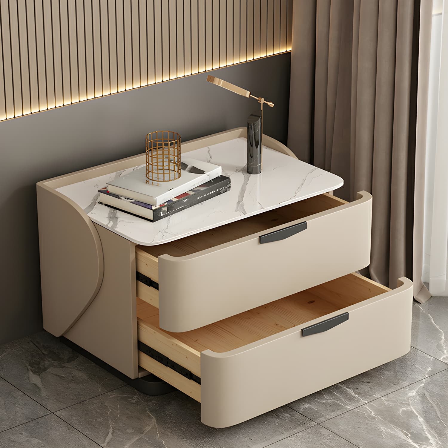 Modern Faux Leather Nightstand with Two Drawers in Light Wood - image 9