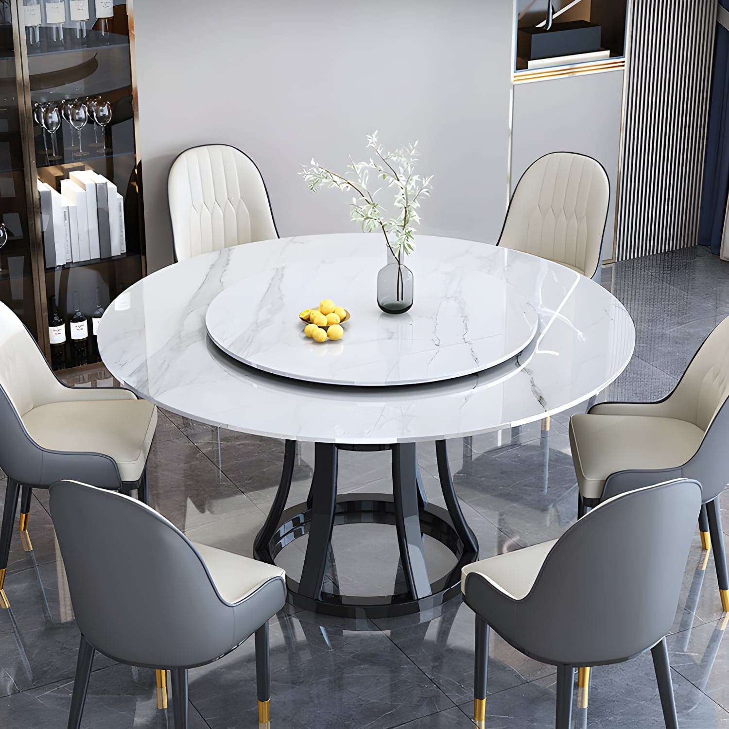 Round Sintered Stone Dining Table Modern Turntable Furniture with Solid Wood Pedestal Base - image 4