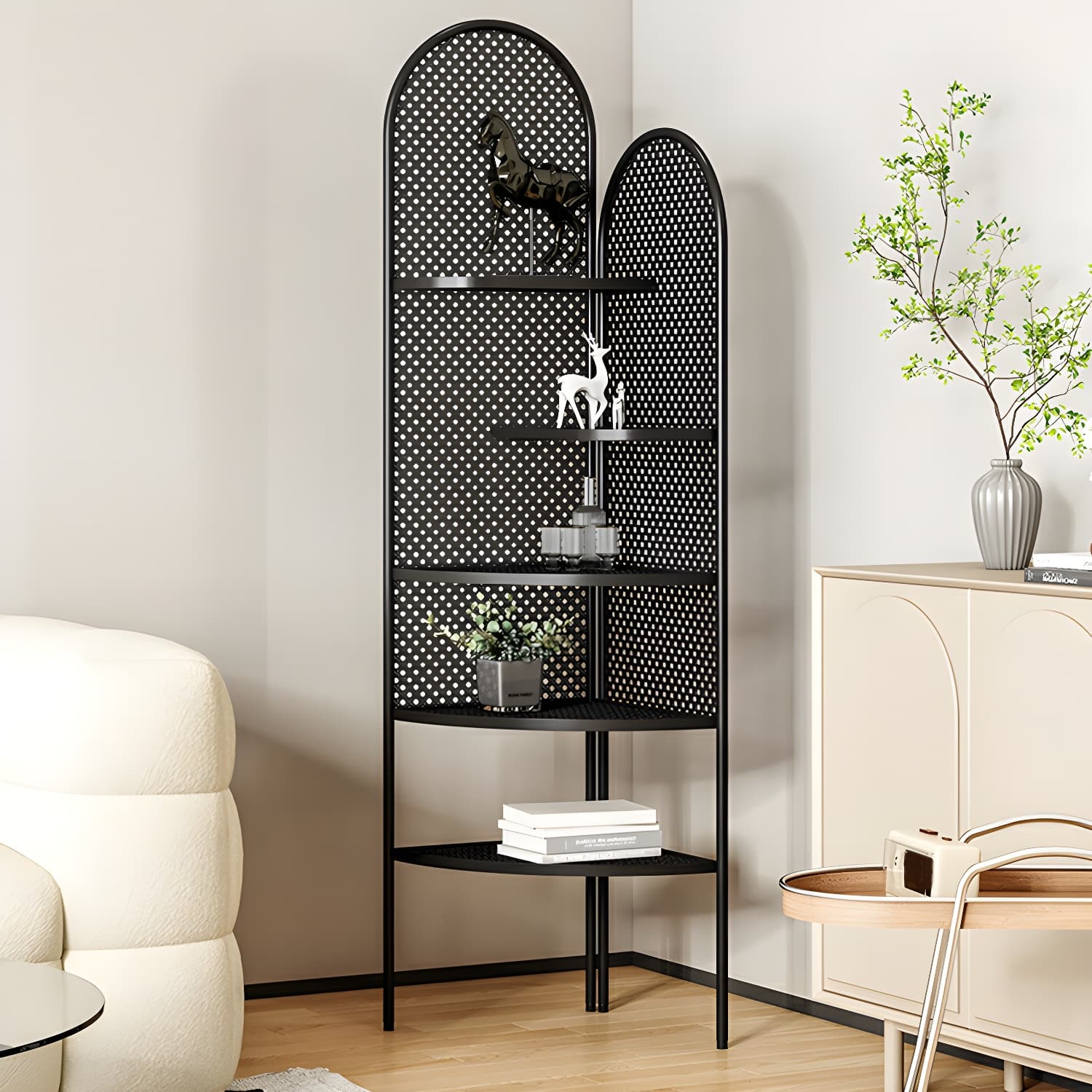 Corner Modern Accent Chest with Metal Countertop and Open Shelves, Water Resistant - image 6