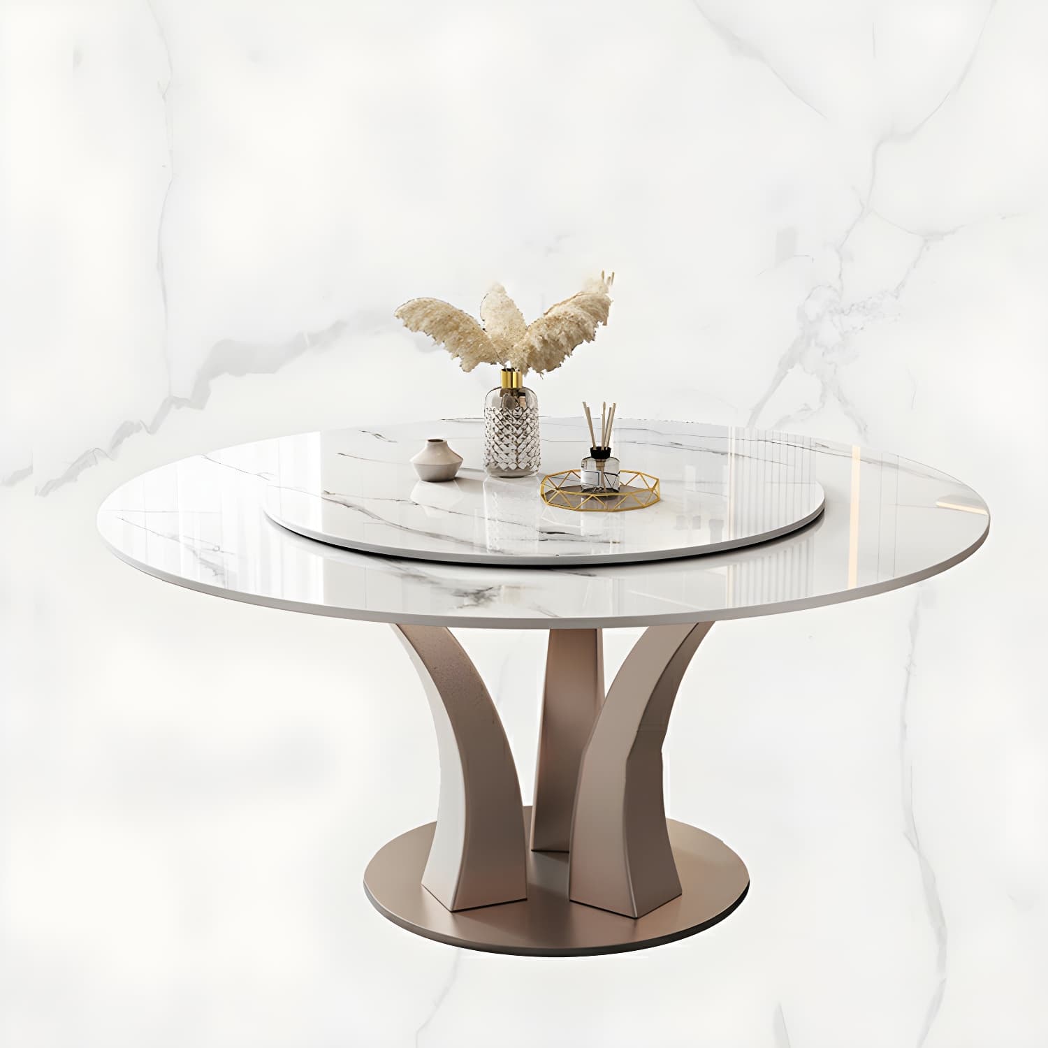 Round Glam Dining Set with White Slate Table Top and Gold Metal Pedestal Base - 1/7/9 Piece Set