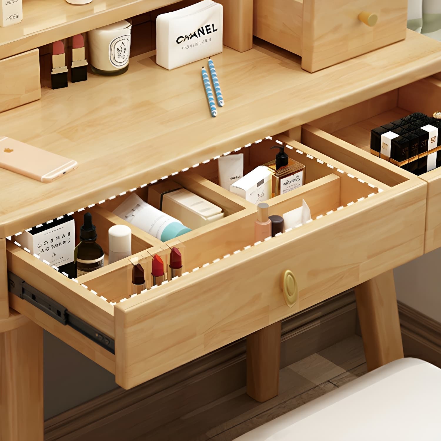 Modern Wood Makeup Vanity with Drawers, Mirror & Upholstered Chair - image 11