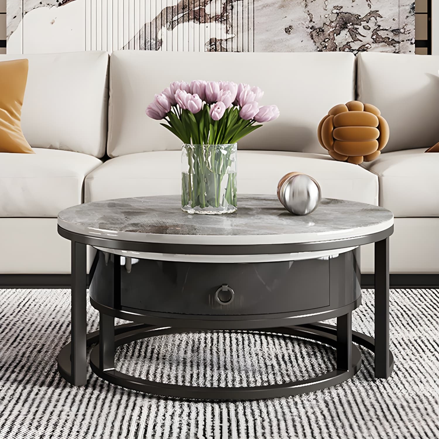 Slate Round Frame Coffee Table Modern Nesting Coffee Table Set with Drawer - image 7