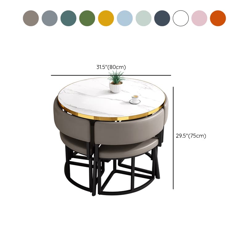 Art Deco Circular-shaped Upholstered Chair Metal & Faux Wood Dining Table Set with Upholstered Back in White, 5 Pieces - image 27