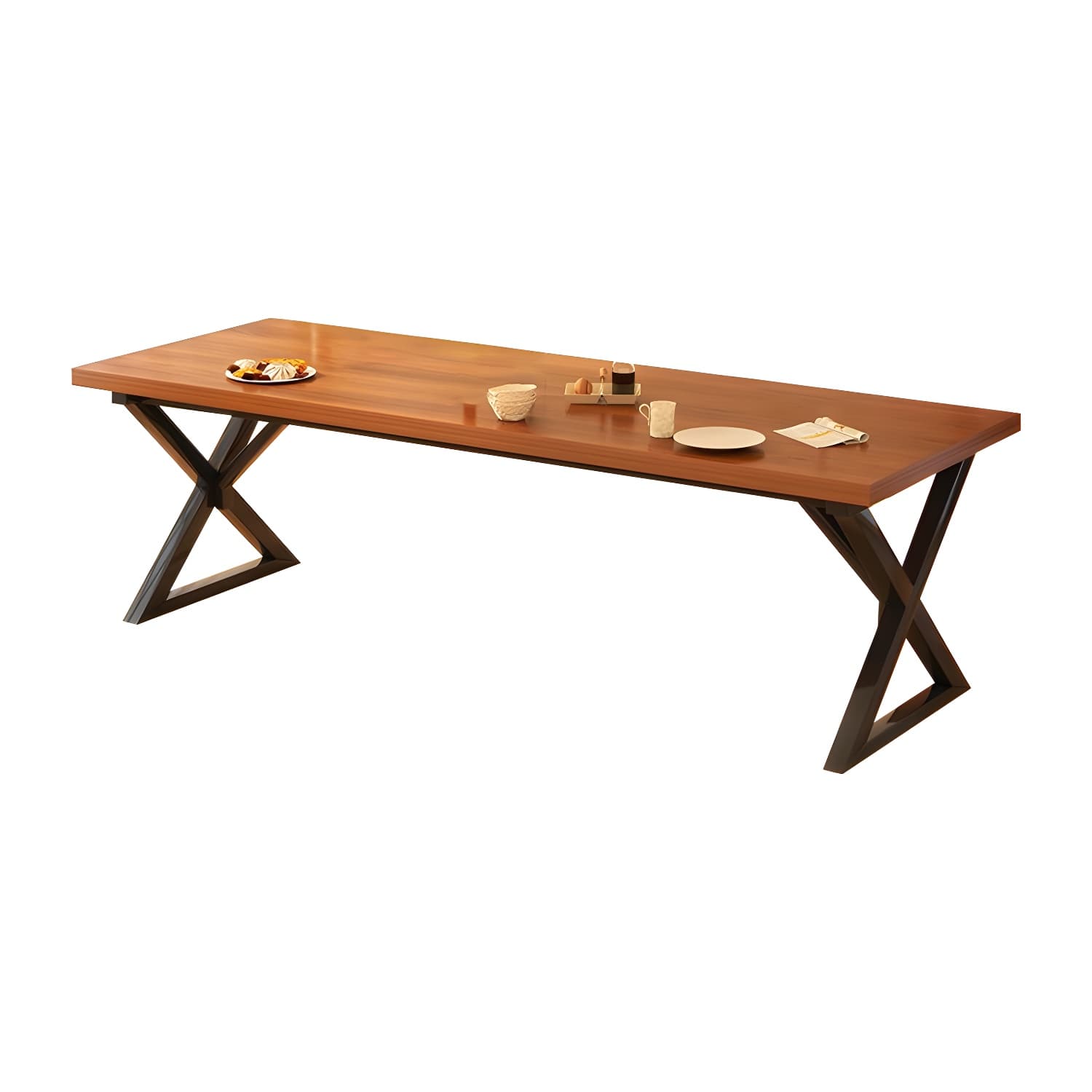Brown Wood Rectangle Modern Dining Table with Double Black Metal Pedestal Base - image 6