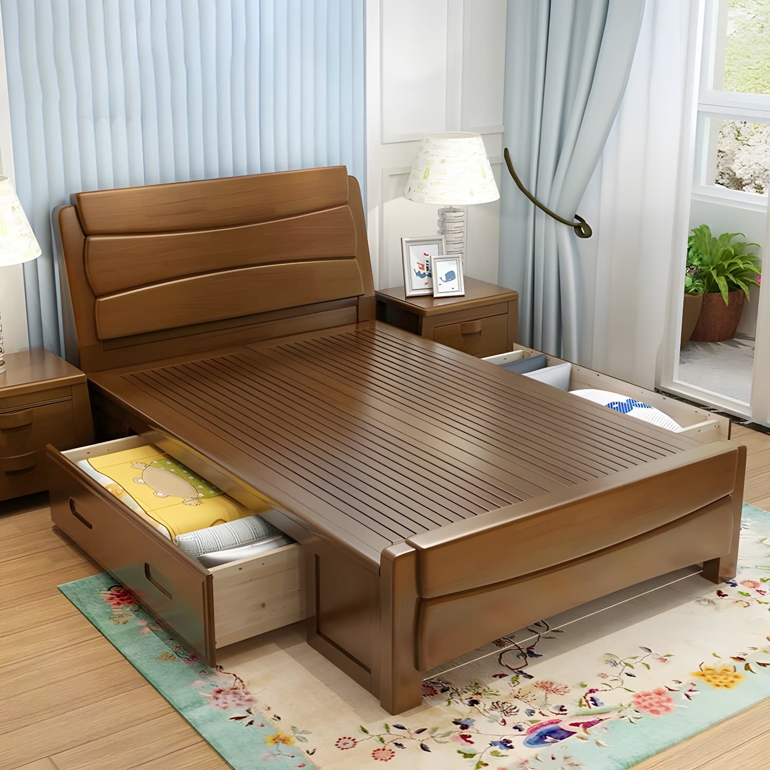 84.65 inch Wide Traditional Bed Frame Rubberwood Standard Bed with Headboard - image 5