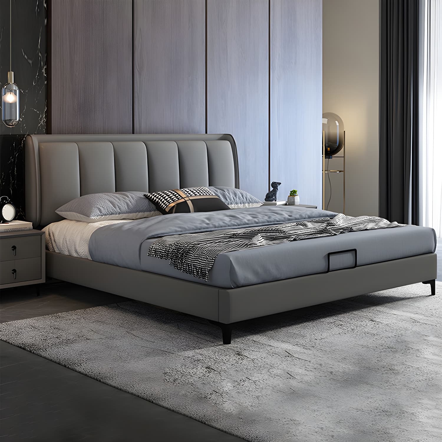 Grey Rectangular Headboard Standard Bed with Wooden Legs Bed