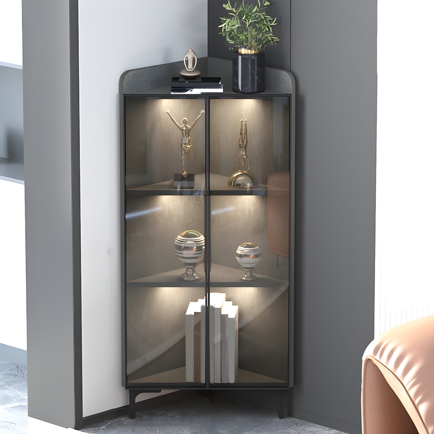Scandinavian Corner Accent Cabinet with Glass Doors and Black Metal Base - Small Size