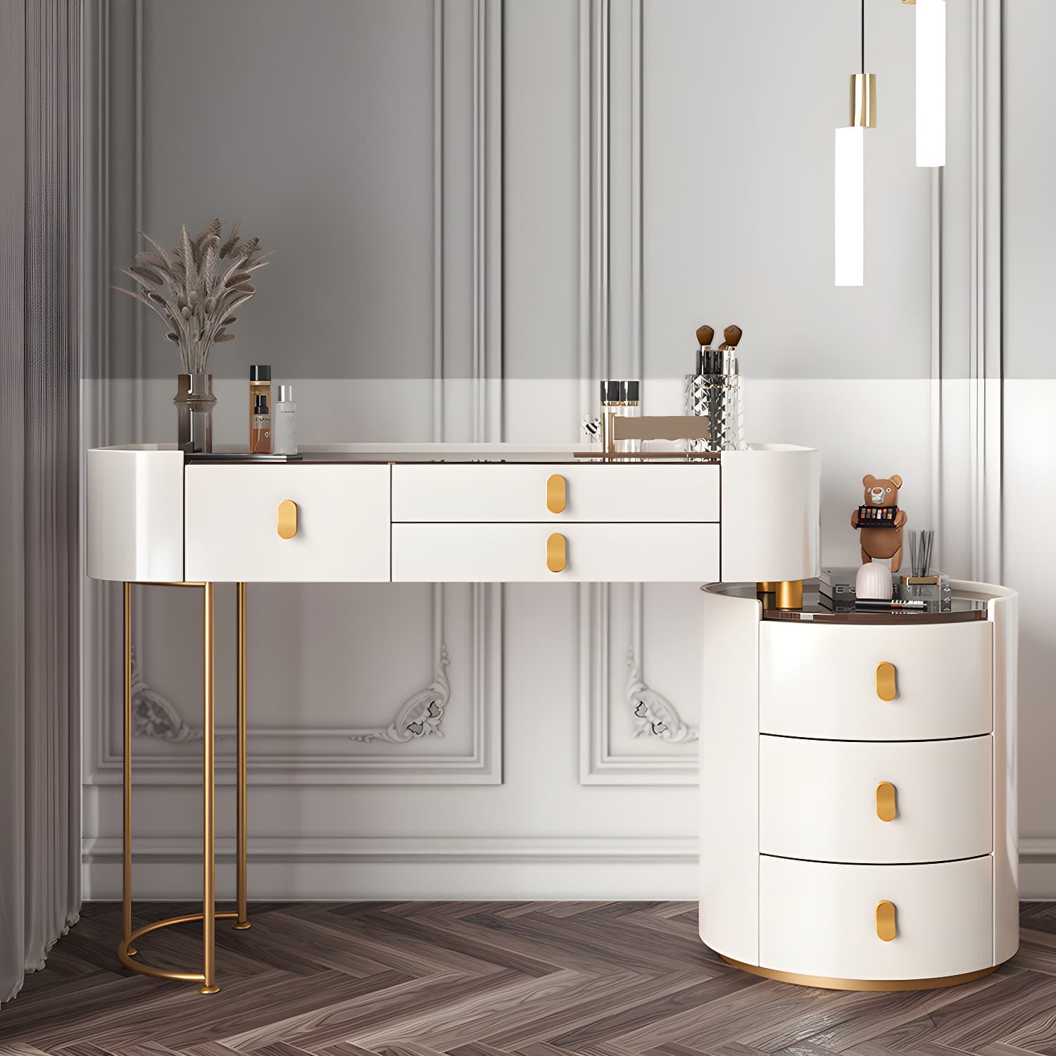 Storage Drawers Dresser Glass/Stone Top Dressing Table with Mirror & Stool - image 5