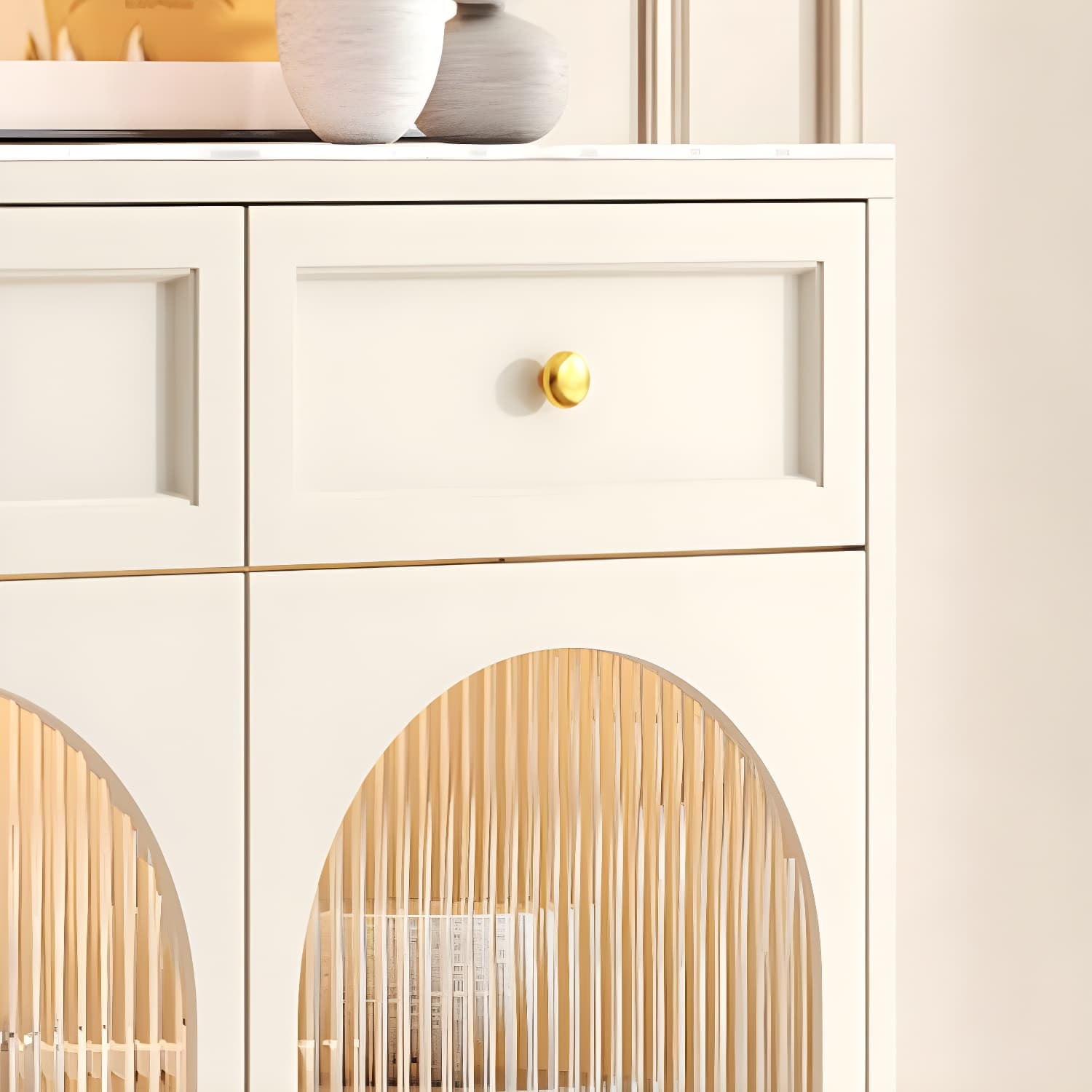 Scandinavian Wood Sideboard with Stone Countertop and Glass Doors - image 9