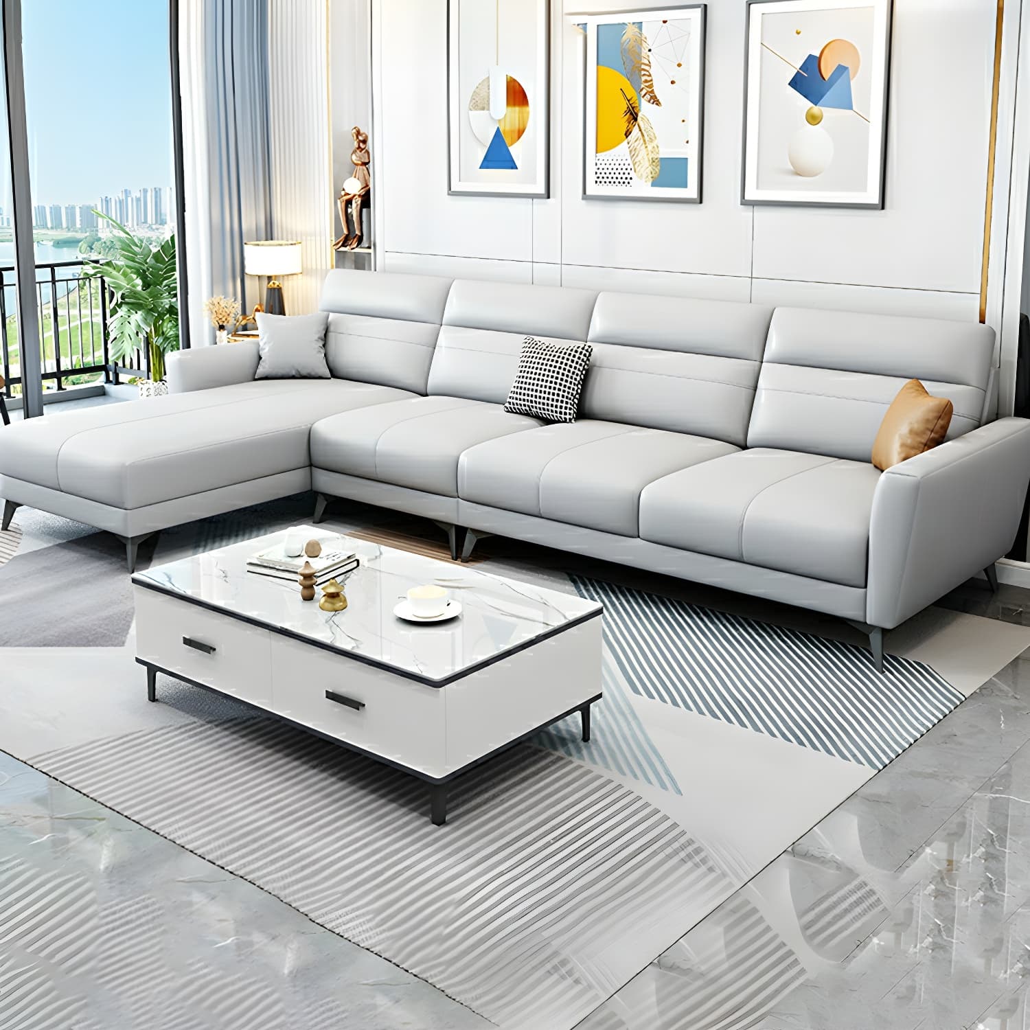 Modern L-Shape Stationary Sectional Sofa Chaise with Flared Arm Design - image 19
