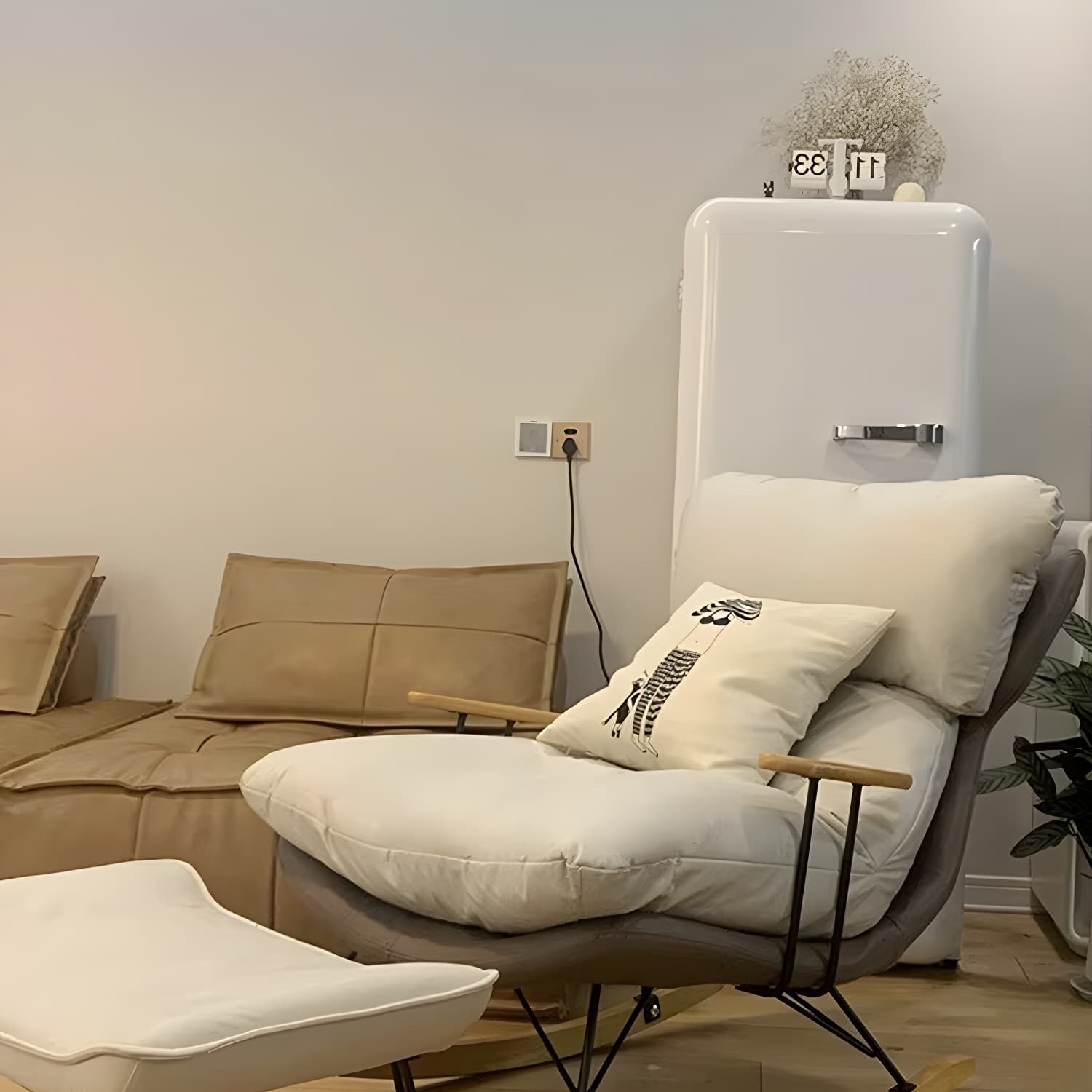 Scandinavian Indoor Upholstered Rocking Chair with Track Arms and Natural Wood Legs - image 8