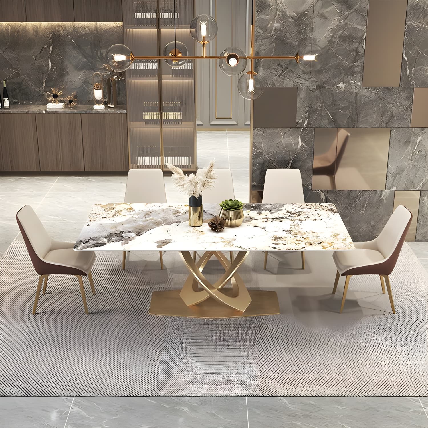 Glossy Beige Dining Table Set 1/2/5/7 Pcs Glam Dinette Set with Leather Chairs - image 9