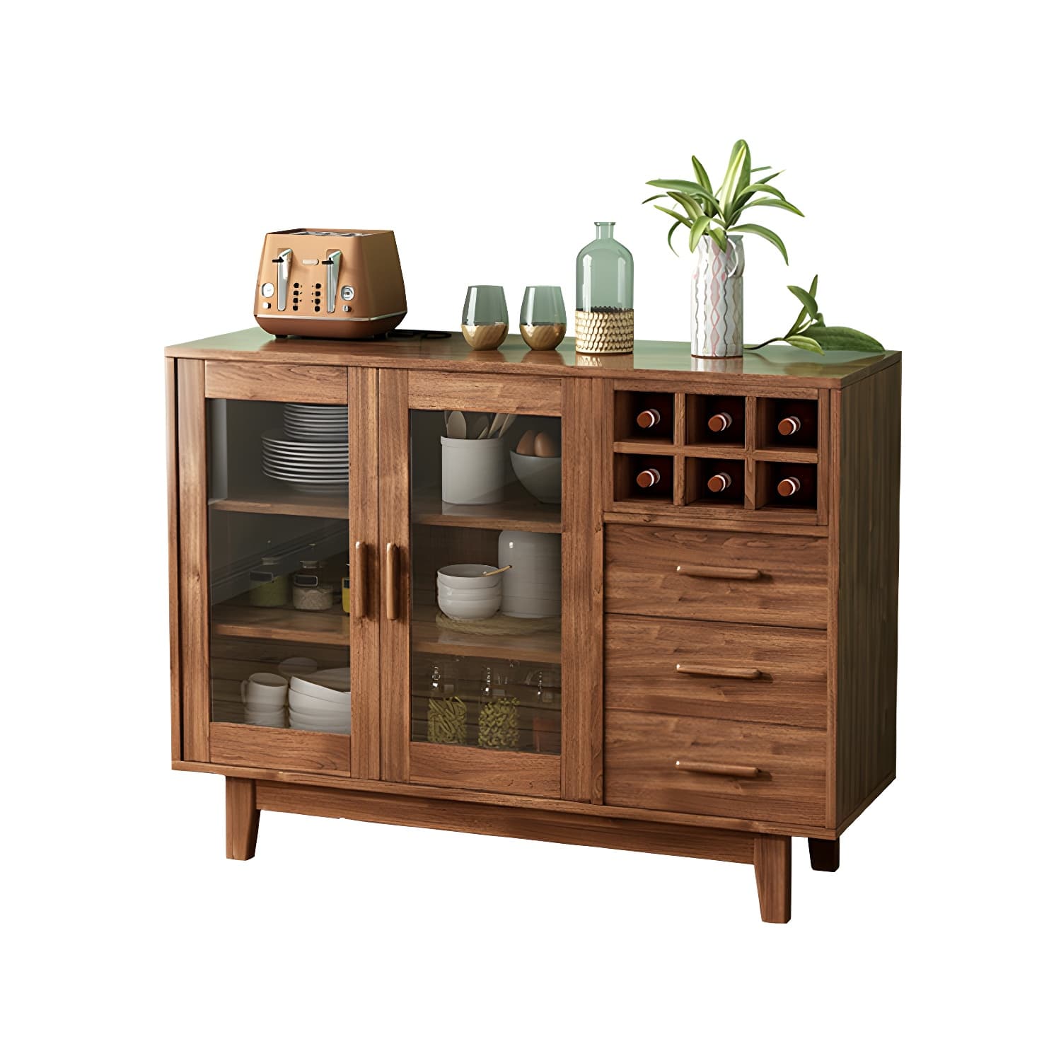Modern Brown Wood Buffet Sideboard with Glass Doors and Drawers - image 5