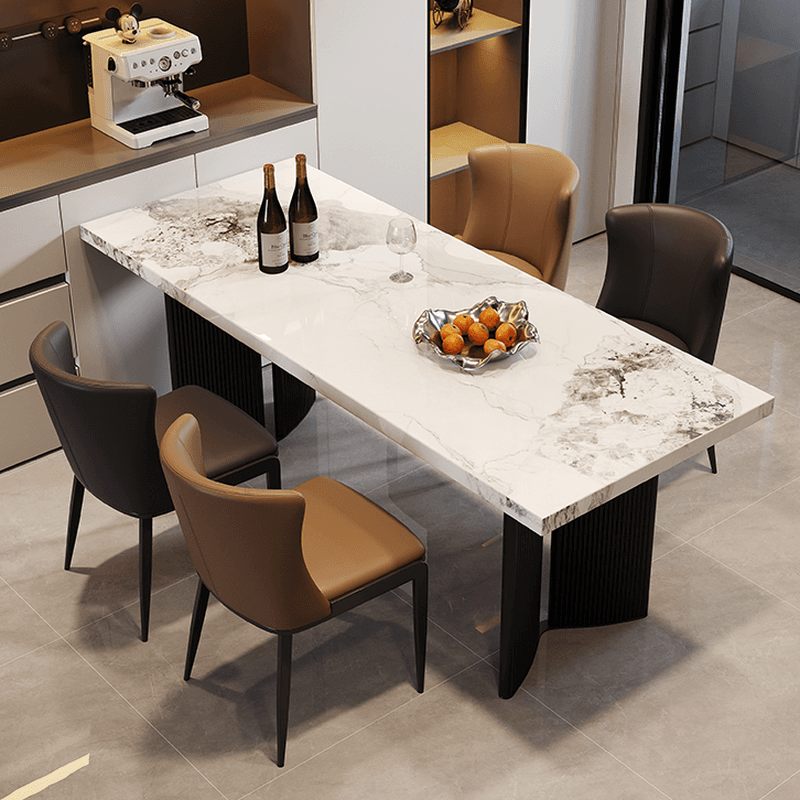 Dining Table Set with Slate Stone Top, Two-sided Pedestal, Fixed Table, Padded Chair, Back, and White Finish