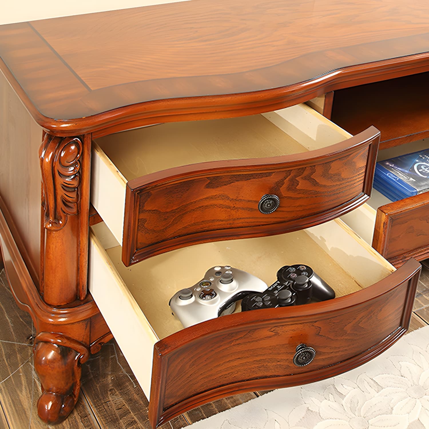 Brown Wooden TV Stand Console Traditional Style Home TV Cabinet with Drawers - image 7