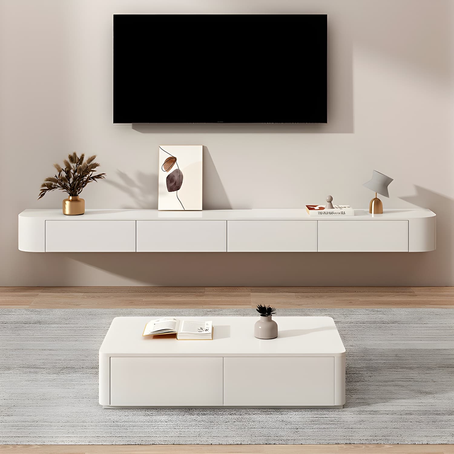 Elegant Rubberwood TV Stand with Floating Mount, Cable Management, and Soft Close Drawers - image 5