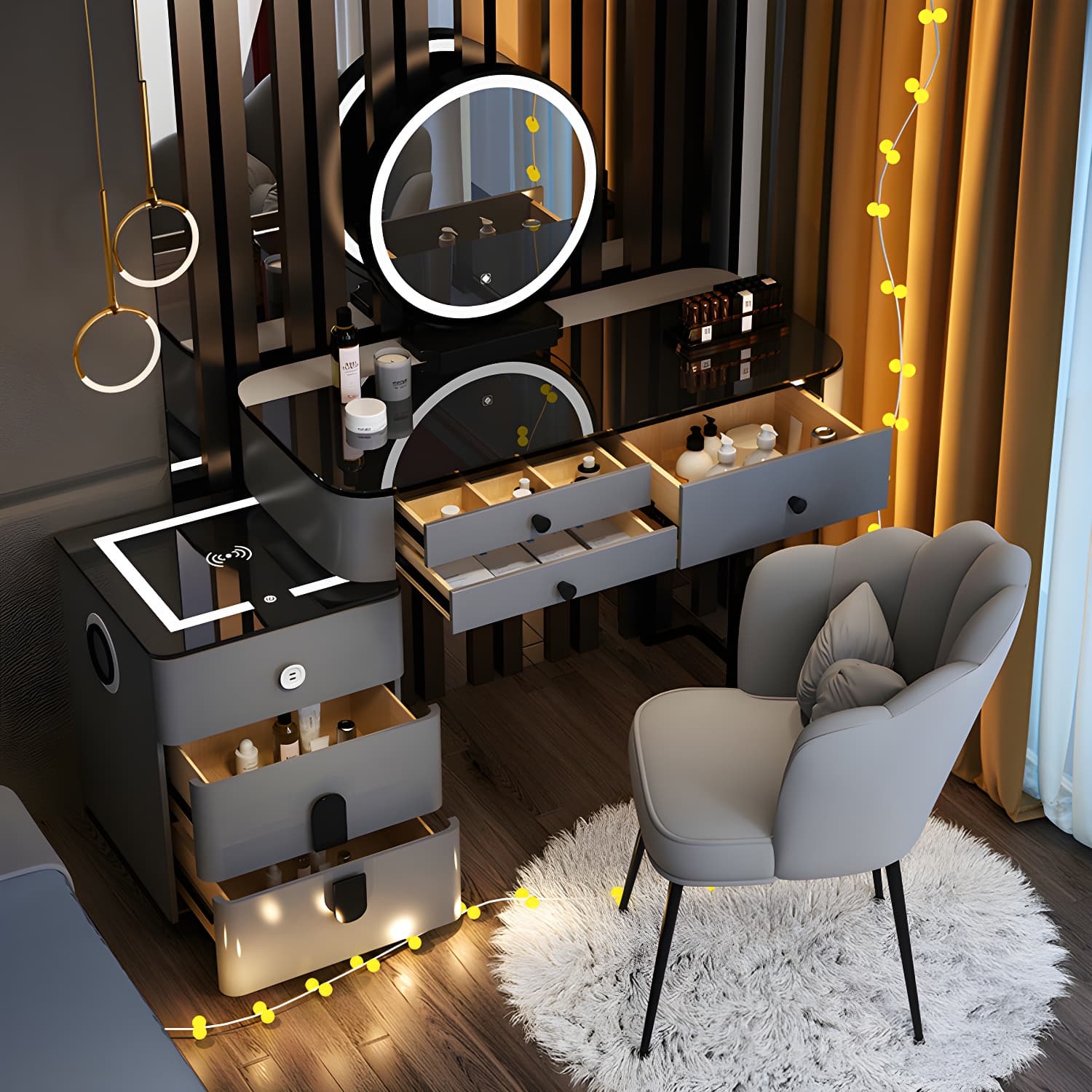 Lighted Mirror Wood Makeup Dressing Table Stool Set in Black/ White