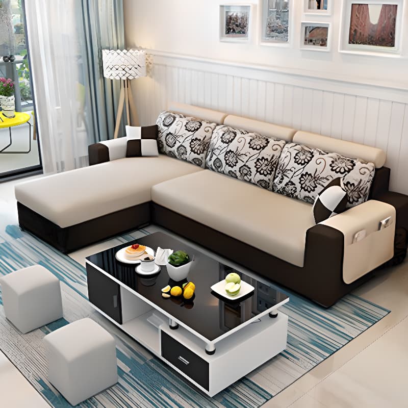 L-Shape Corner Sectional in Lavender/Olive Green/Beige with Left Hand Facing/Right Orientation