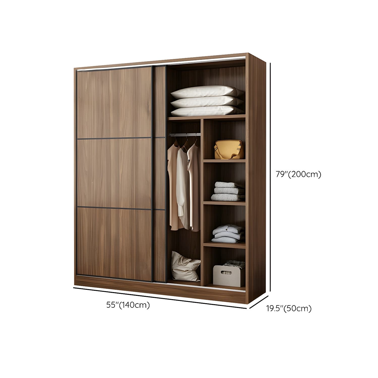 Non-Adjustable Traditional Brown Wood Wardrobe Armoire with Sliding Doors & Soft Close Drawers - image 11