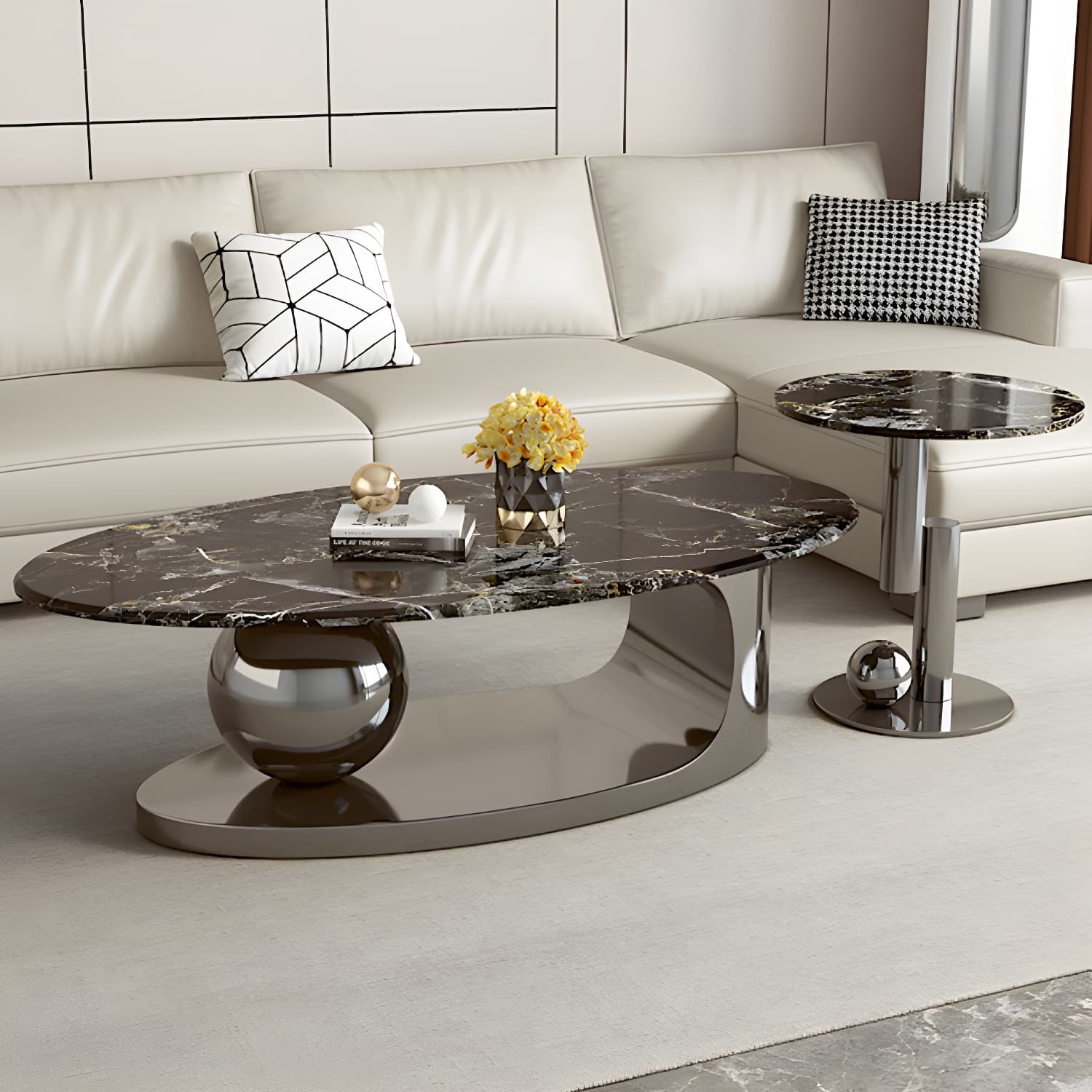 Chic Oval Stone Coffee Table - Modern Elegance with Metal Pedestal Base - image 11