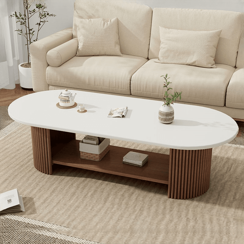 Oval Natural Wood Coffee Table with Twin Support Base, Repository, and 1 Shelf - image 7