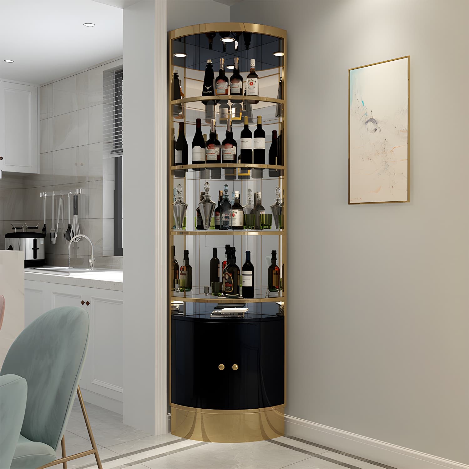 Glam Style Solid Color 2-door Corner Cabinet with Shelves for Living Room