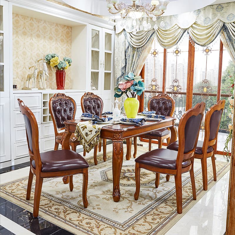 Retro Rectangular Brown Solid Wood Dining Table Set with Four Legs and Fixed Table