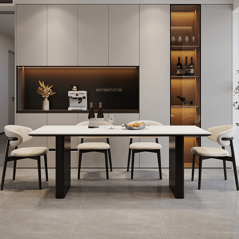 Dining Table Set with Rectangular Slate Stone Top and Two-sided Pedestal, Padded Chair with Back, 5-piece in White